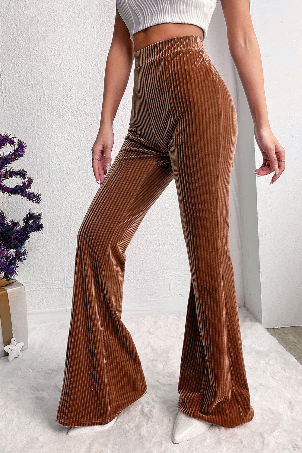 Chestnut Solid Color High Waist Corduroy Flare Pants - Bellisima Clothing Collective