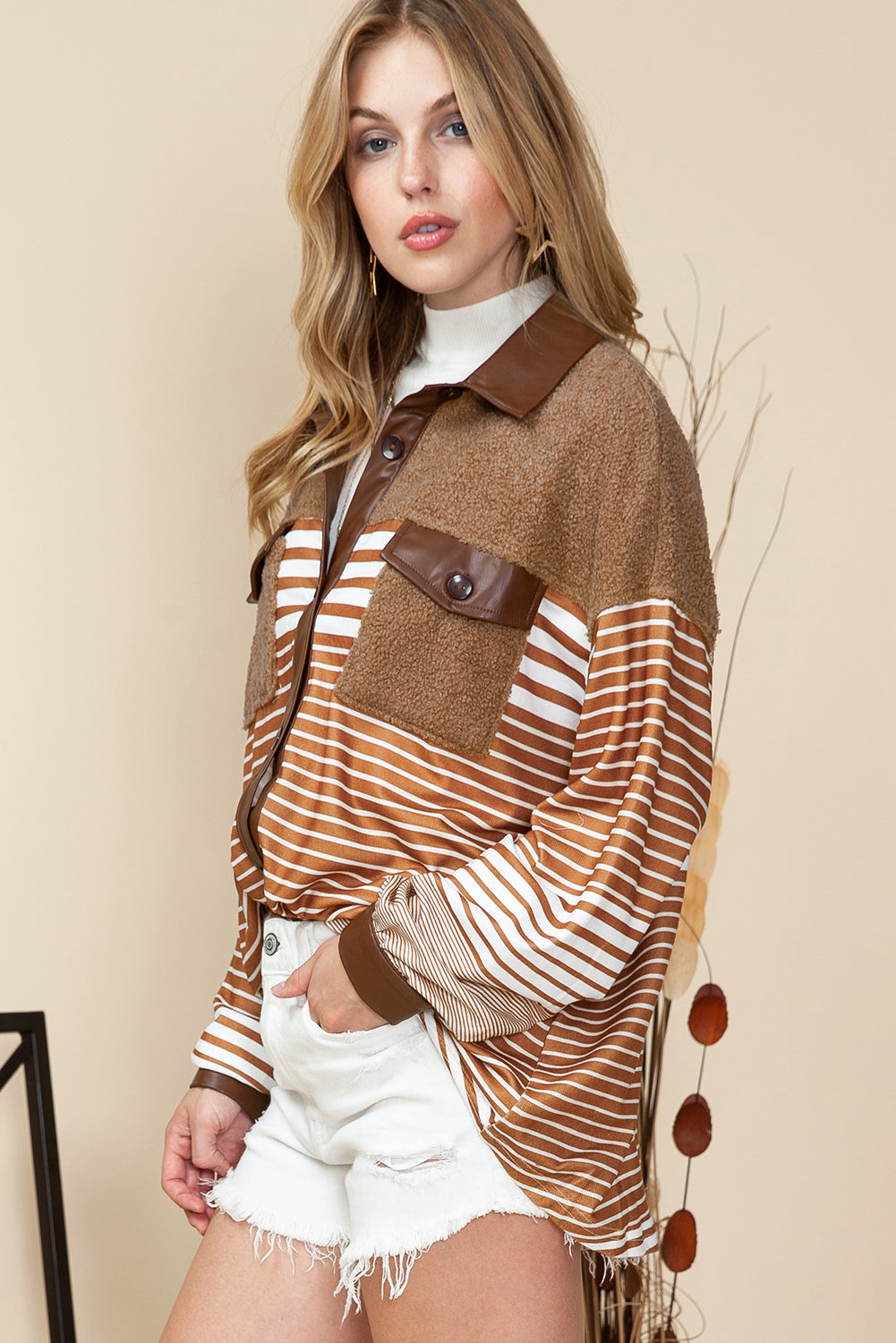 Khaki Sherpa Lined Striped Shacket - Bellisima Clothing Collective