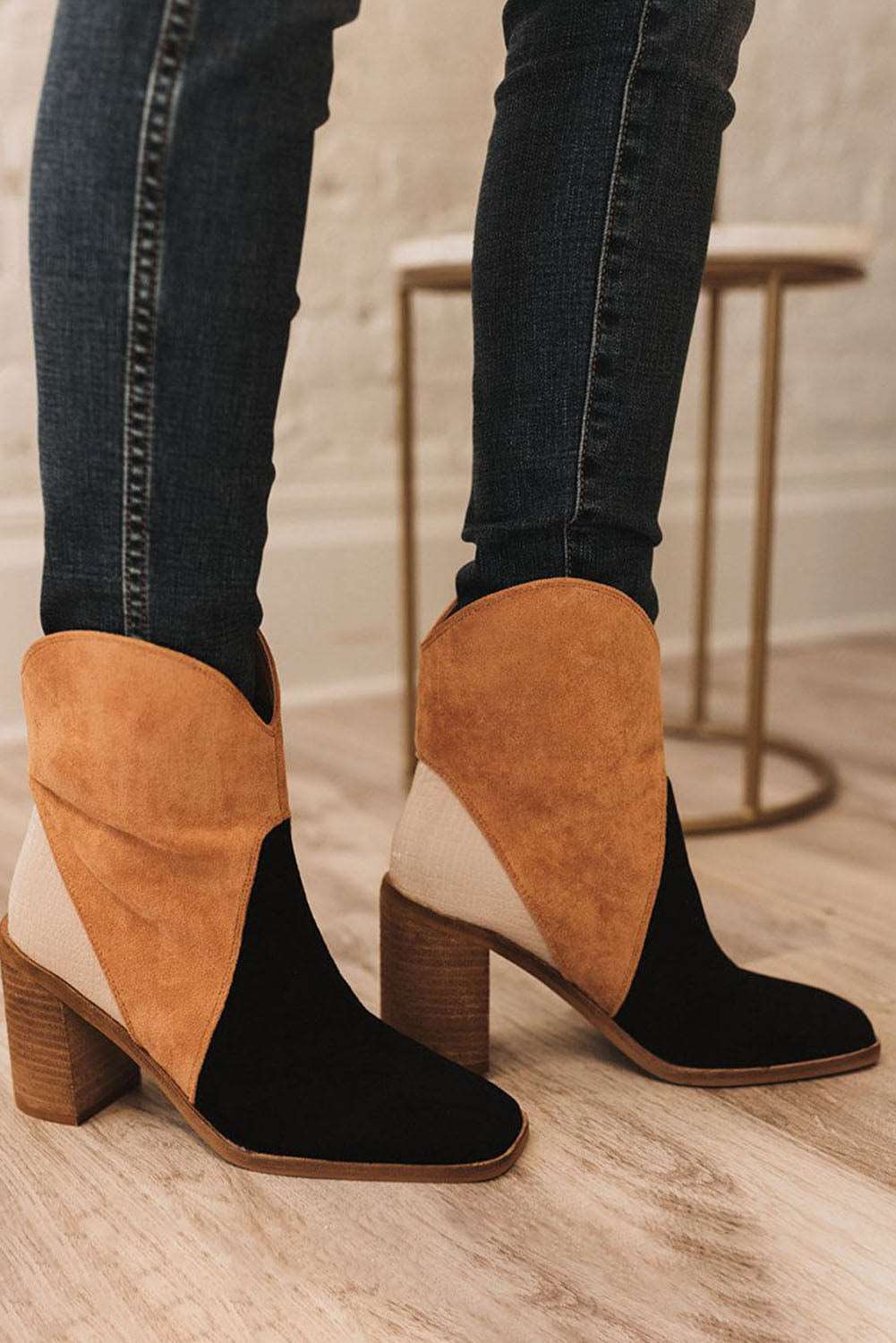 Black Colorblock Suede Heeled Ankle Booties - Bellisima Clothing Collective