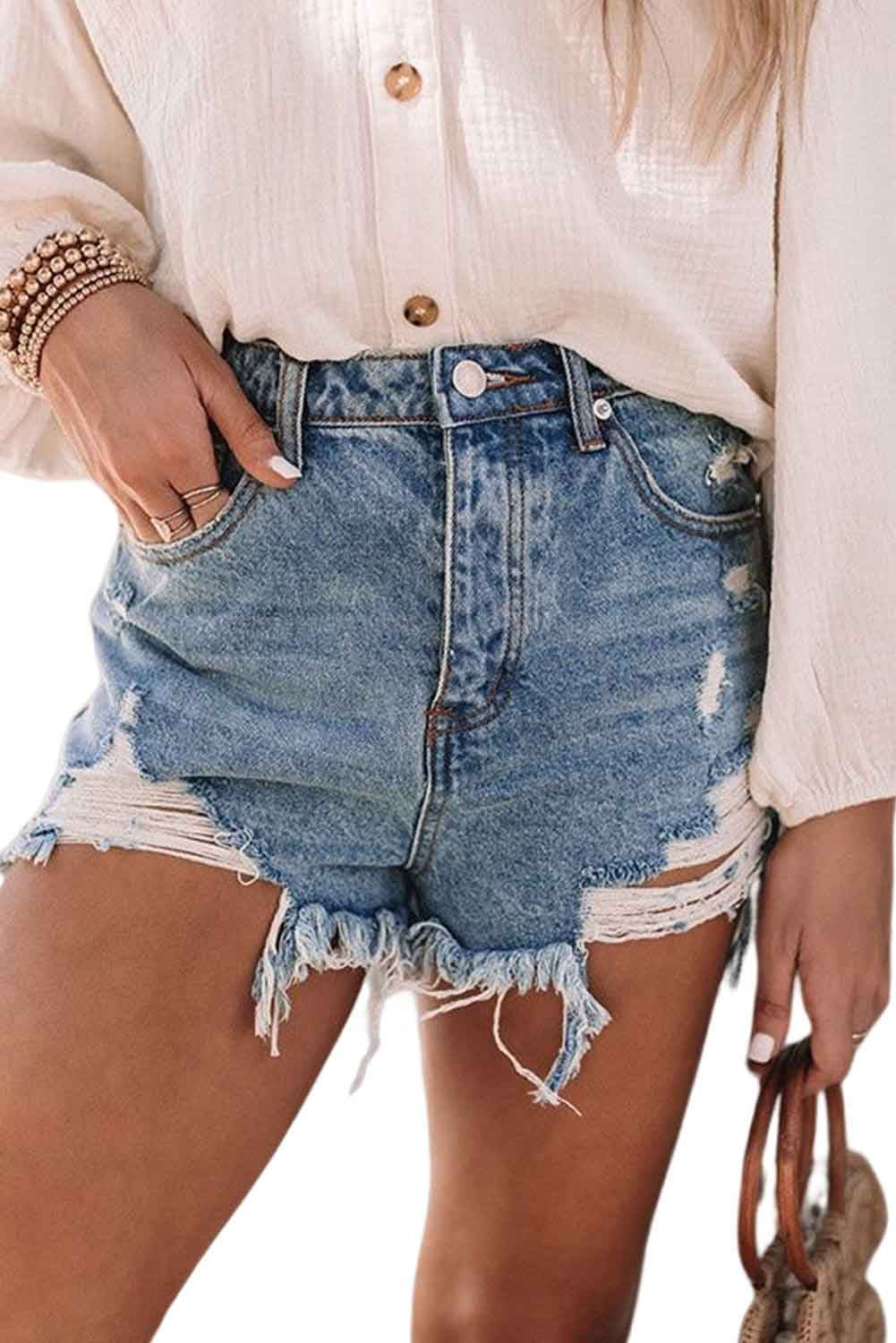 Distressed High Waisted Denim Shorts - Bellisima Clothing Collective