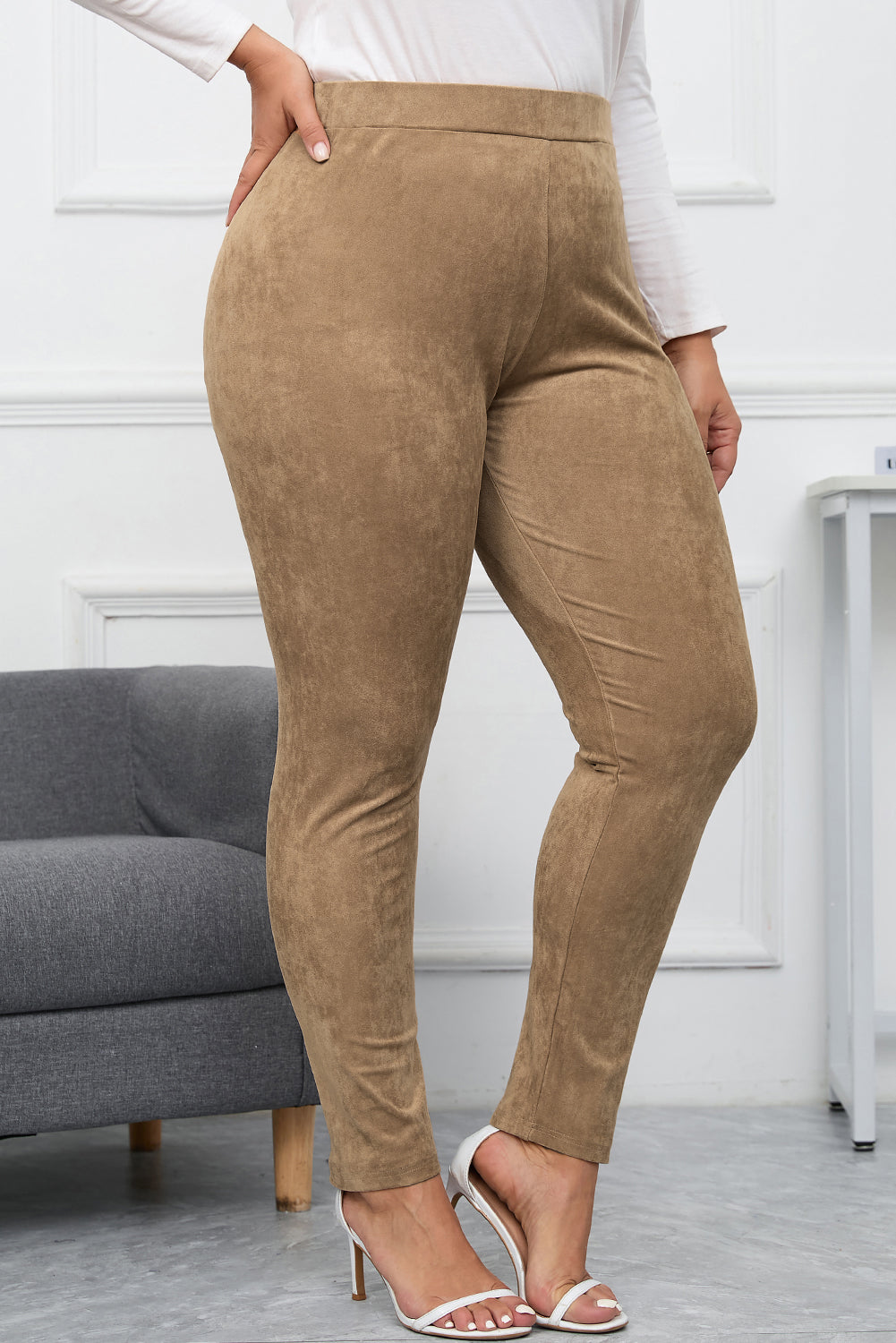 Camel Plus Size High Rise Faux Suede Skinny Pants - Bellisima Clothing Collective