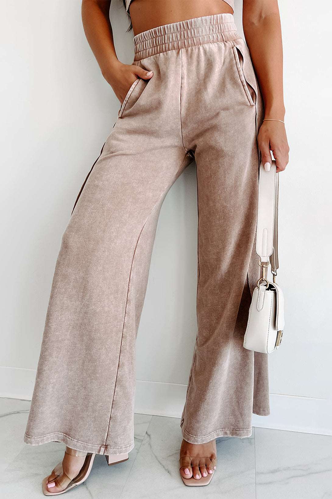 Apricot Pink Mineral Washed Smocked Wide Leg Pants - Bellisima Clothing Collective