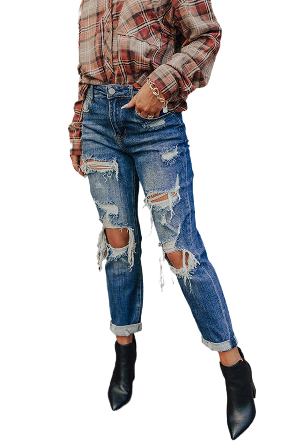 Blue Vintage Distressed Boyfriend Ripped Jeans - Bellisima Clothing Collective