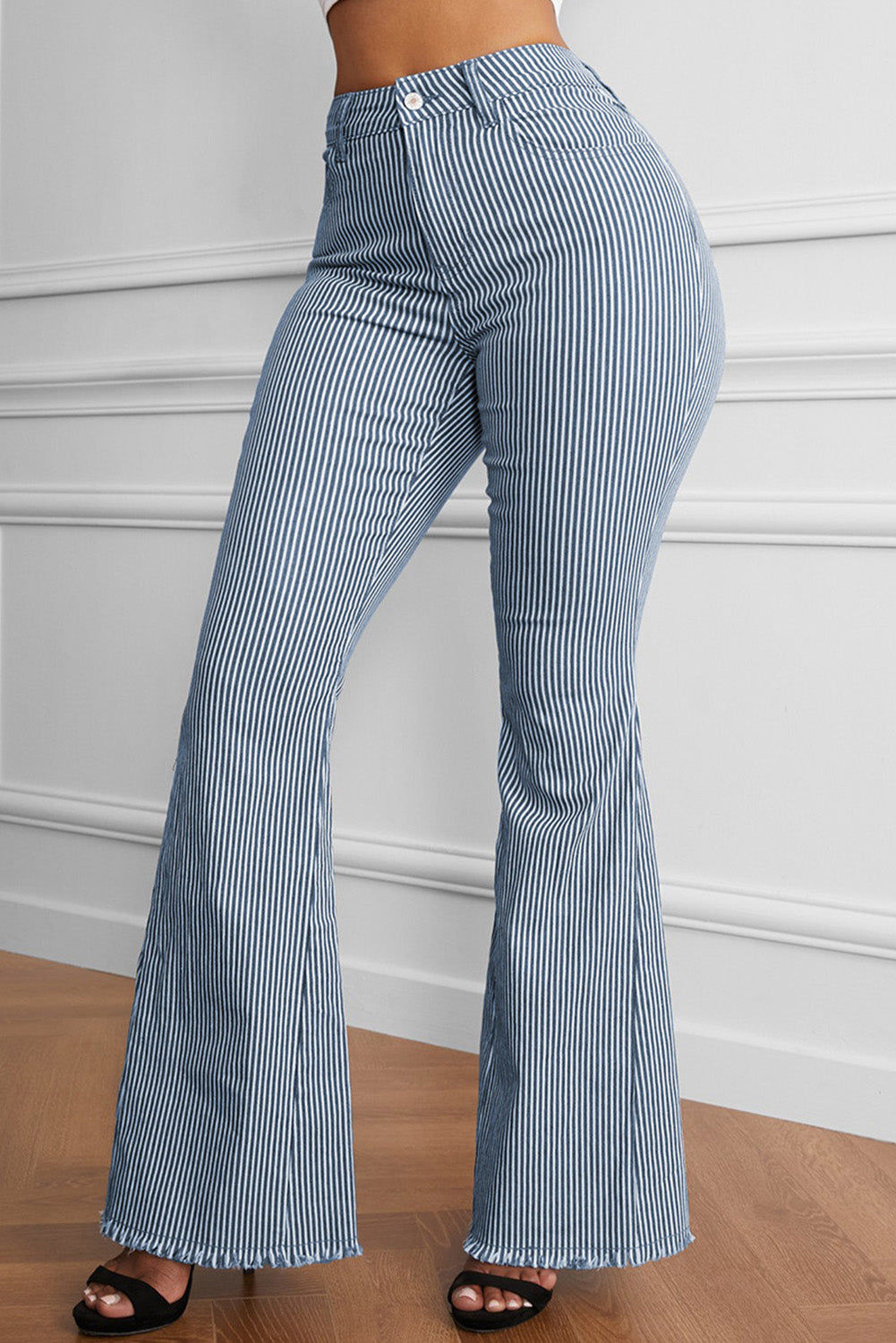 Light Blue Striped Mid Rise Bell Bottoms - Bellisima Clothing Collective