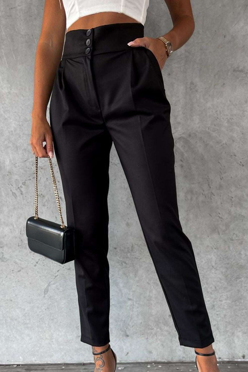 Black Button High Waist Tapered Pants - Bellisima Clothing Collective