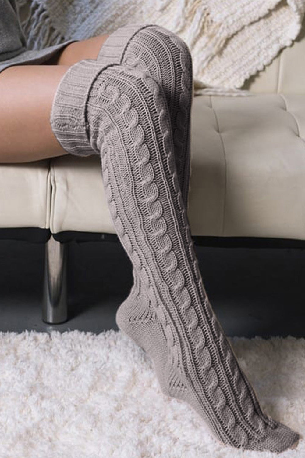 Medium Grey Cable Knit Thigh High Socks - Bellisima Clothing Collective