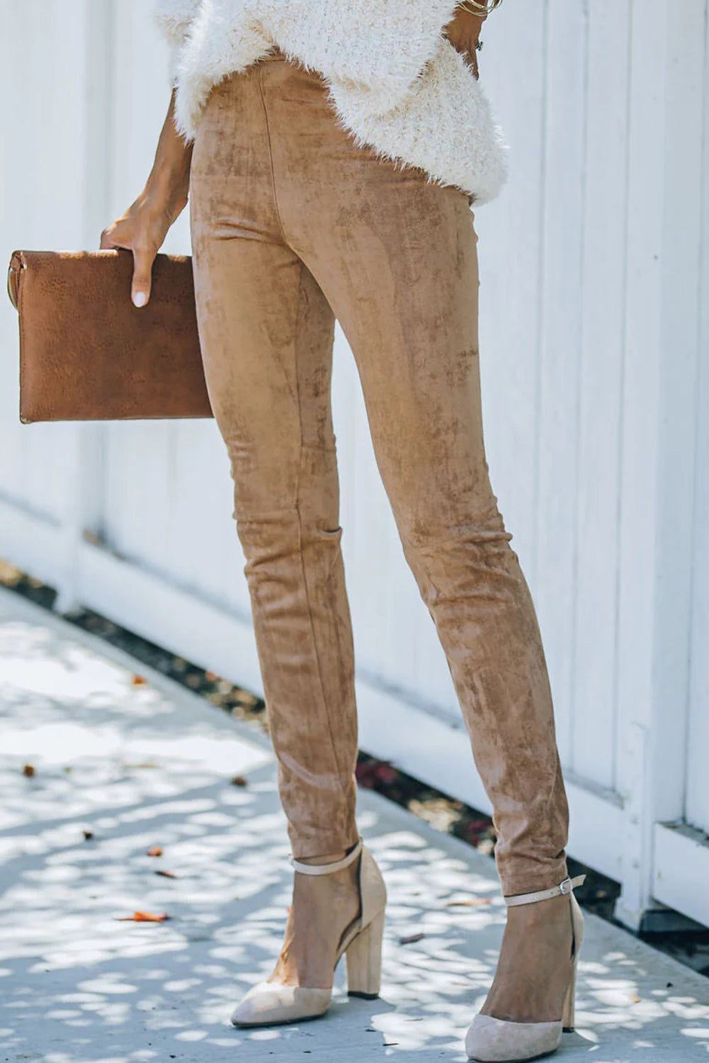 Camel Plus Size High Rise Faux Suede Skinny Pants - Bellisima Clothing Collective