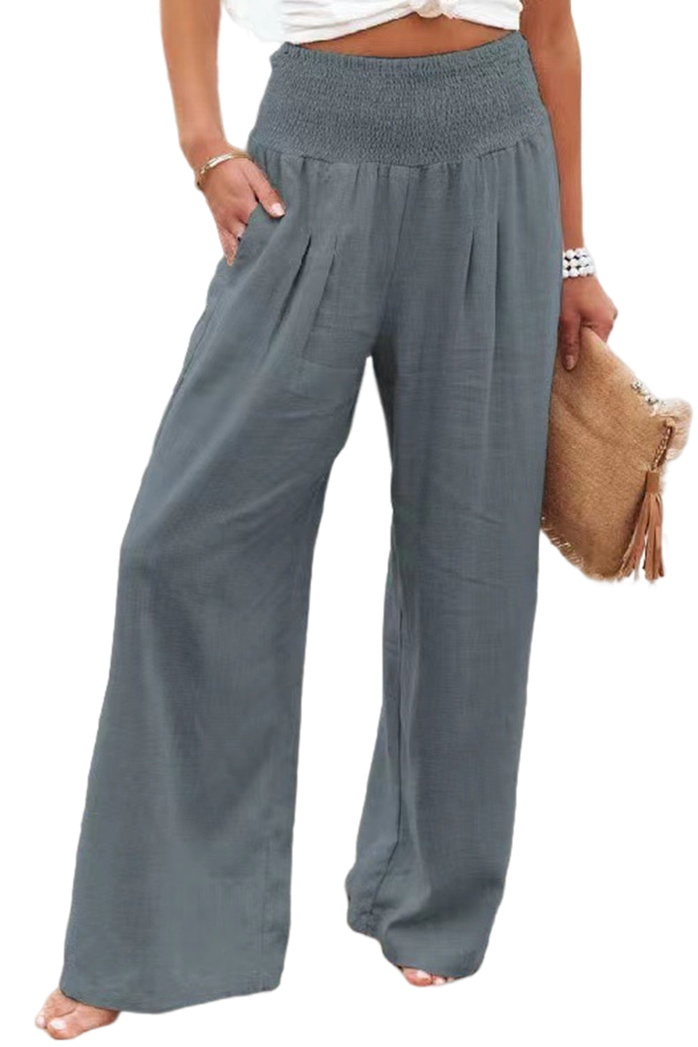 Khaki Smocked Wide Waistband High Waist Wide Leg Pants - Bellisima Clothing Collective