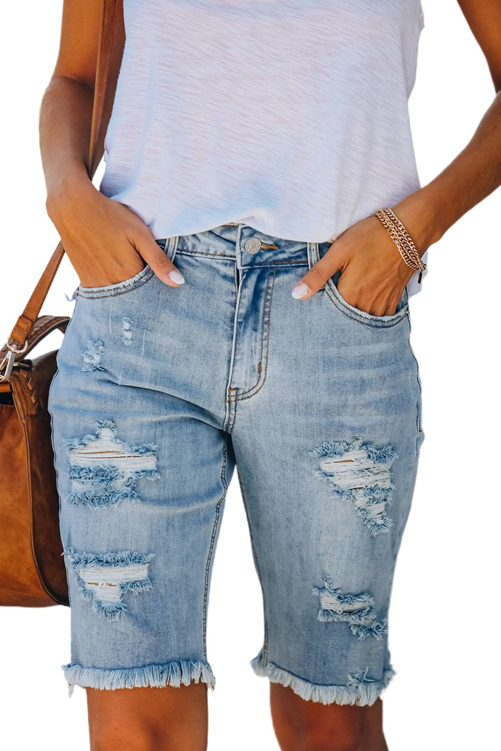 Light Blue Distressed Ripped Denim Bermuda Shorts - Bellisima Clothing Collective