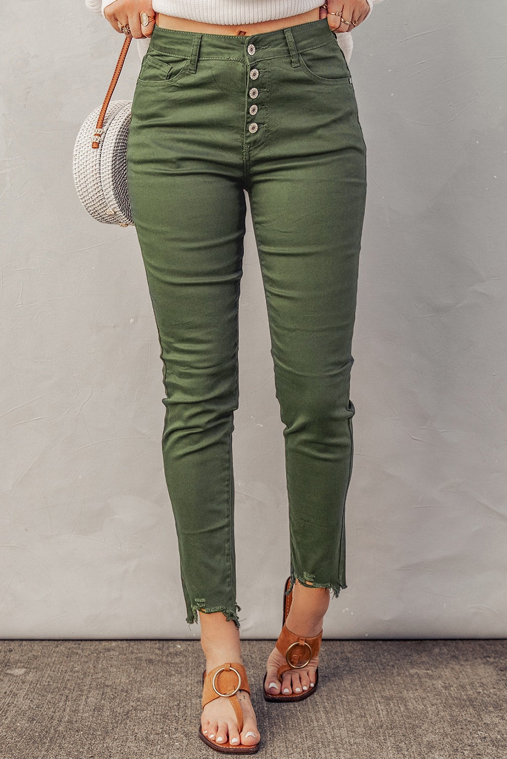 Green Frayed Raw Hem High Waist Denim Jeans - Bellisima Clothing Collective