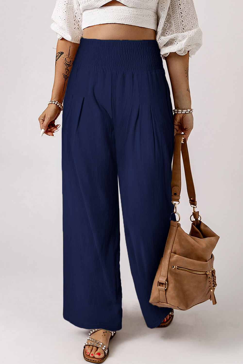 Khaki Smocked Wide Waistband High Waist Wide Leg Pants - Bellisima Clothing Collective