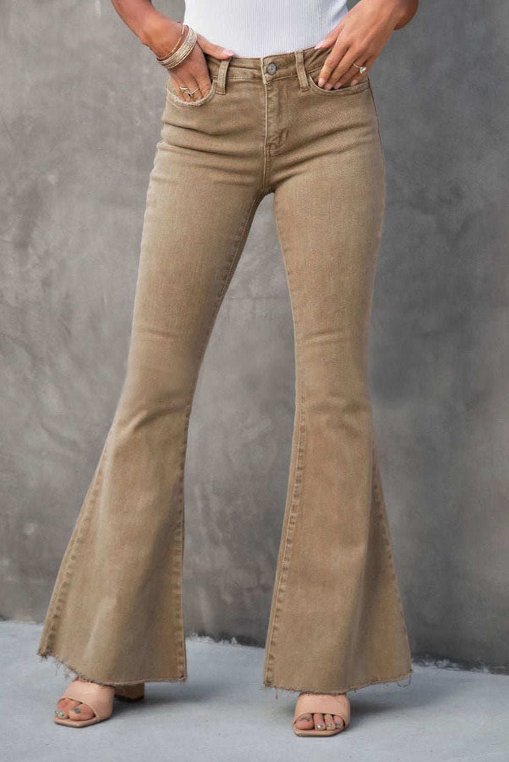 Khaki Basic Raw Hem High Waist Flare Jeans - Bellisima Clothing Collective