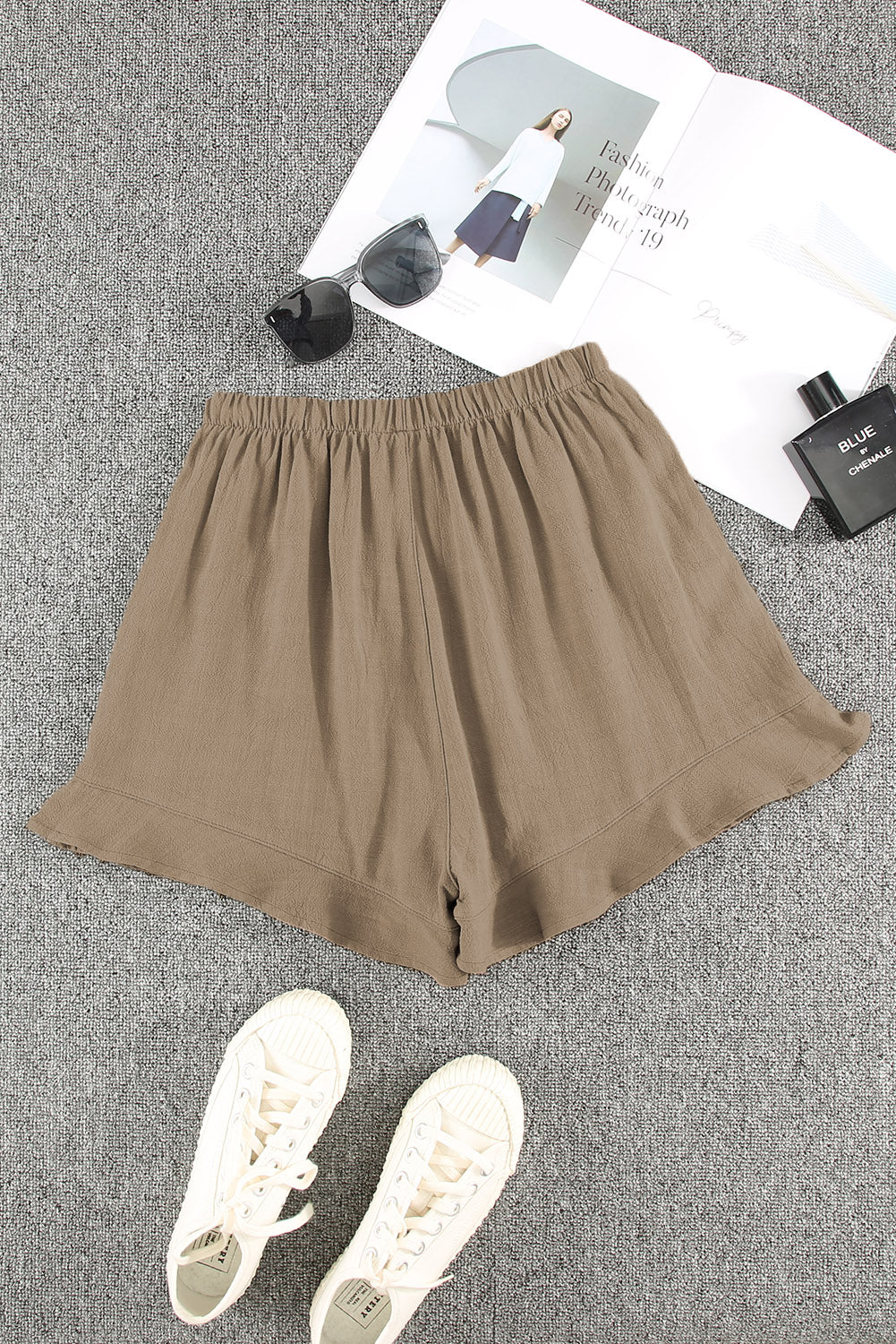 Khaki Casual Pocketed Ruffle High Waist Shorts - Bellisima Clothing Collective