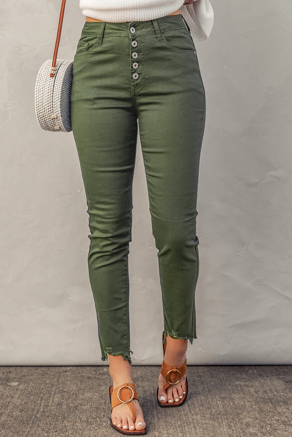 Green Frayed Raw Hem High Waist Denim Jeans - Bellisima Clothing Collective