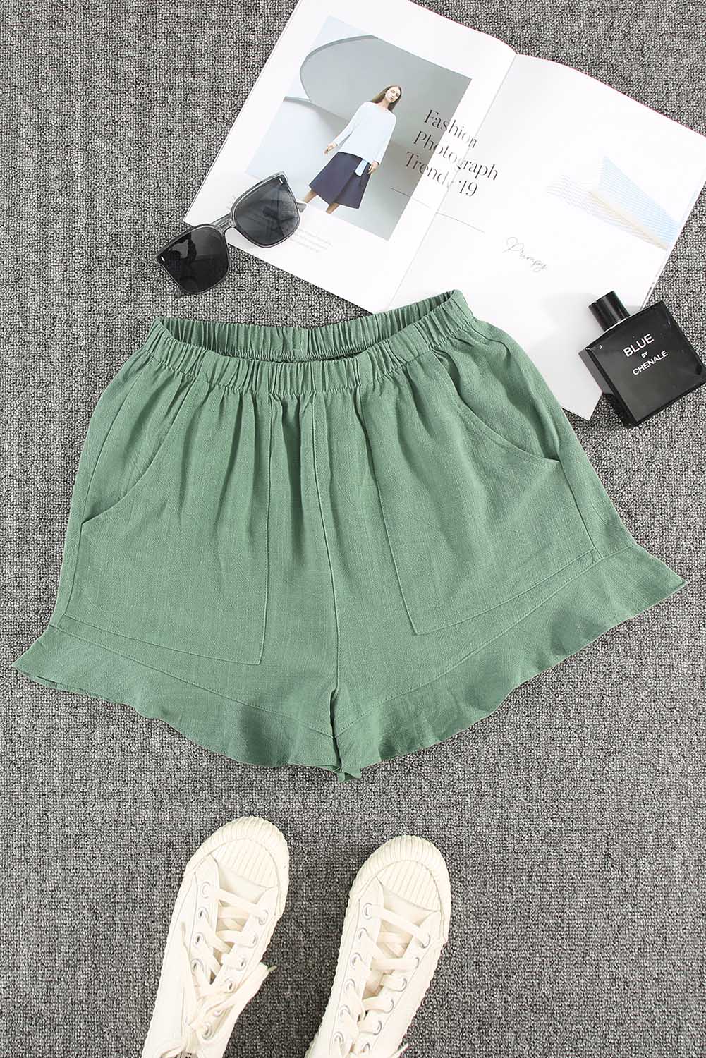 Khaki Casual Pocketed Ruffle High Waist Shorts - Bellisima Clothing Collective