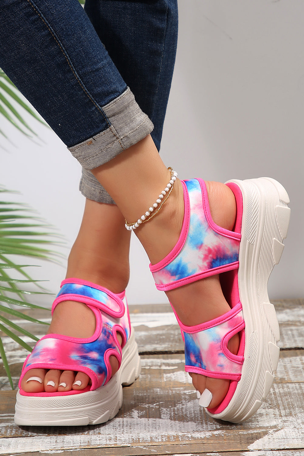 Strawberry Pink Tie Dye Print Hollow Out Platform Sandals - Bellisima Clothing Collective