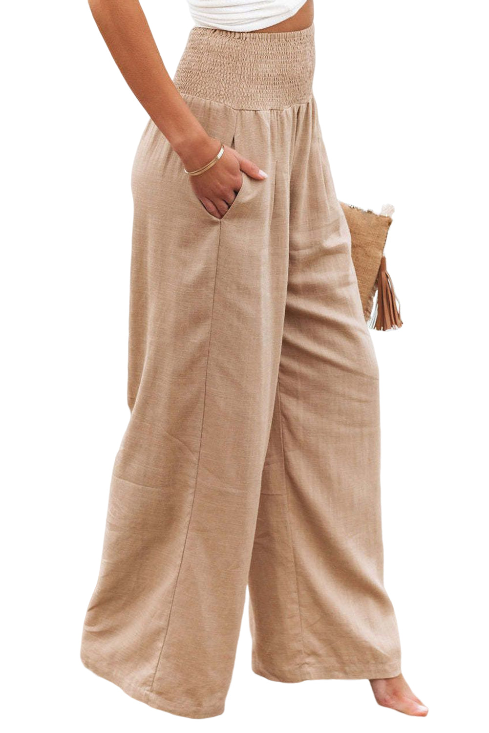 Khaki Smocked Wide Waistband High Waist Wide Leg Pants - Bellisima Clothing Collective