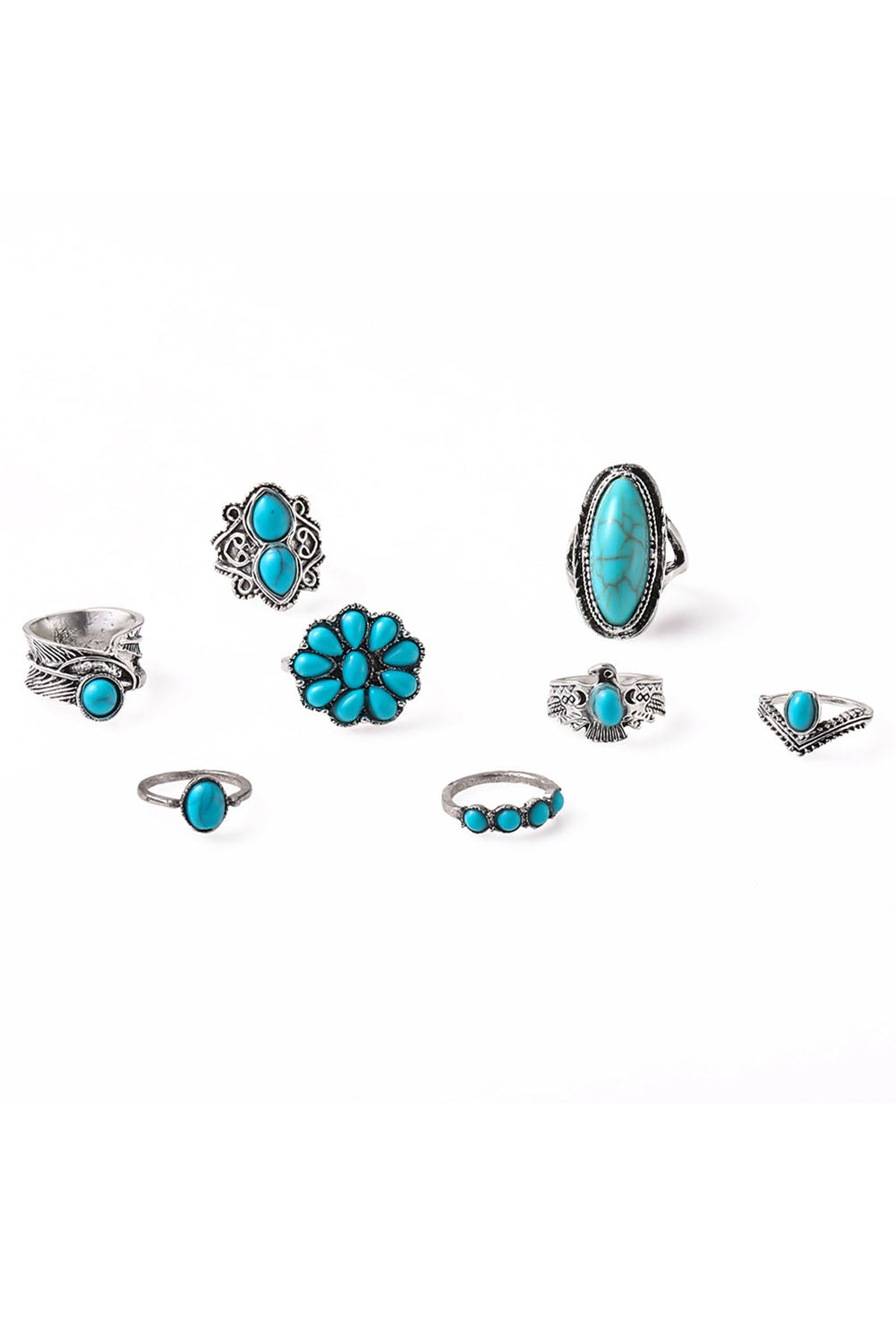 Green 8Pcs Vintage Turquoise Ring Set - Bellisima Clothing Collective
