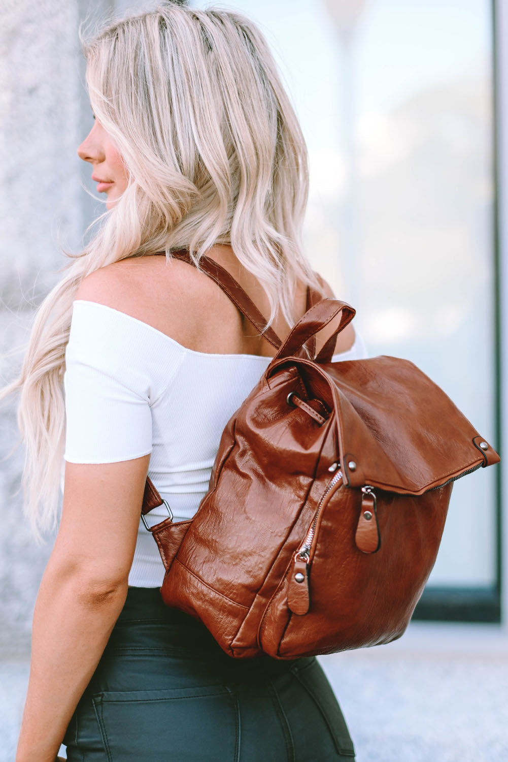 Brown Retro PU Leather Large Capacity Backpack - Bellisima Clothing Collective