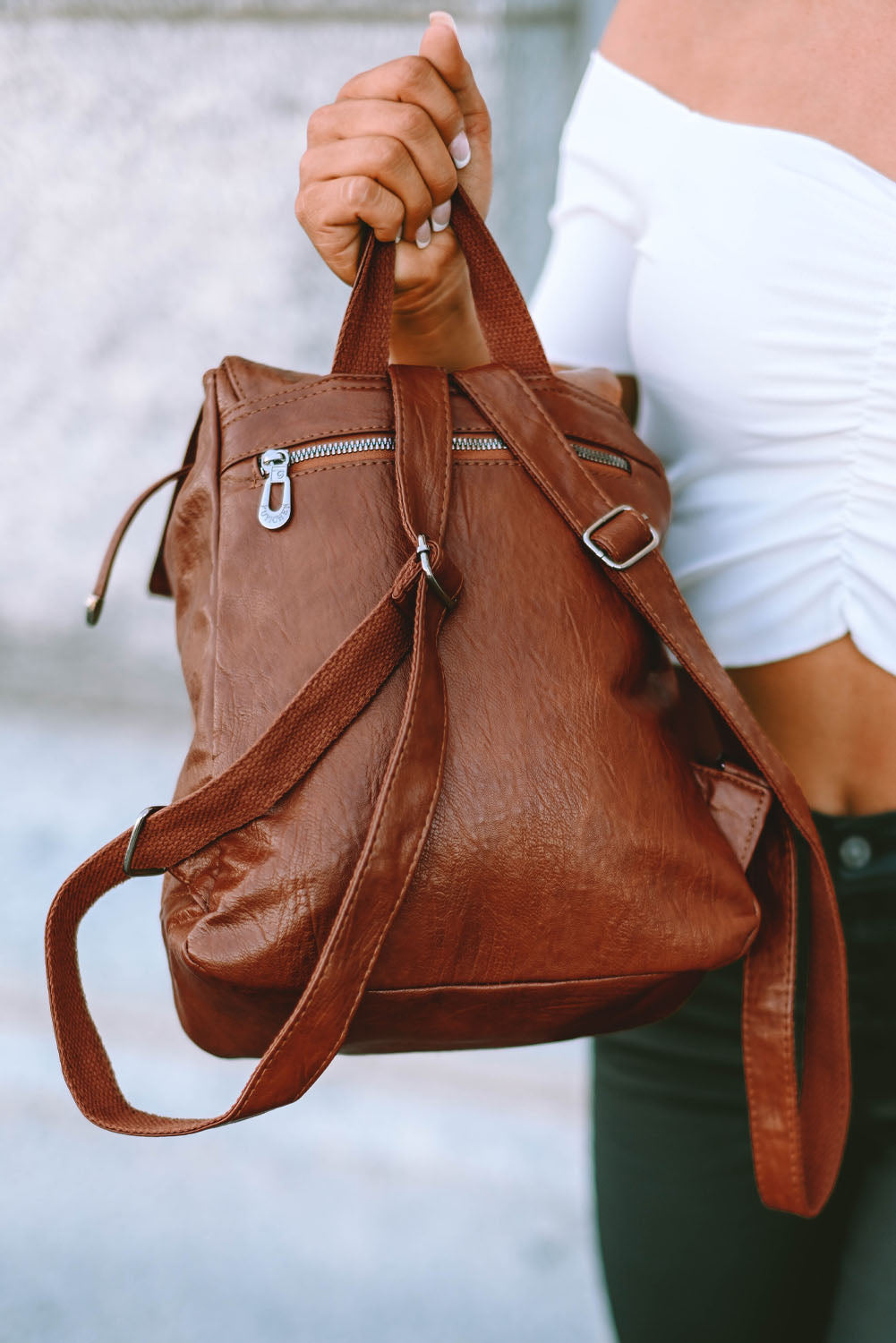 Brown Retro PU Leather Large Capacity Backpack - Bellisima Clothing Collective