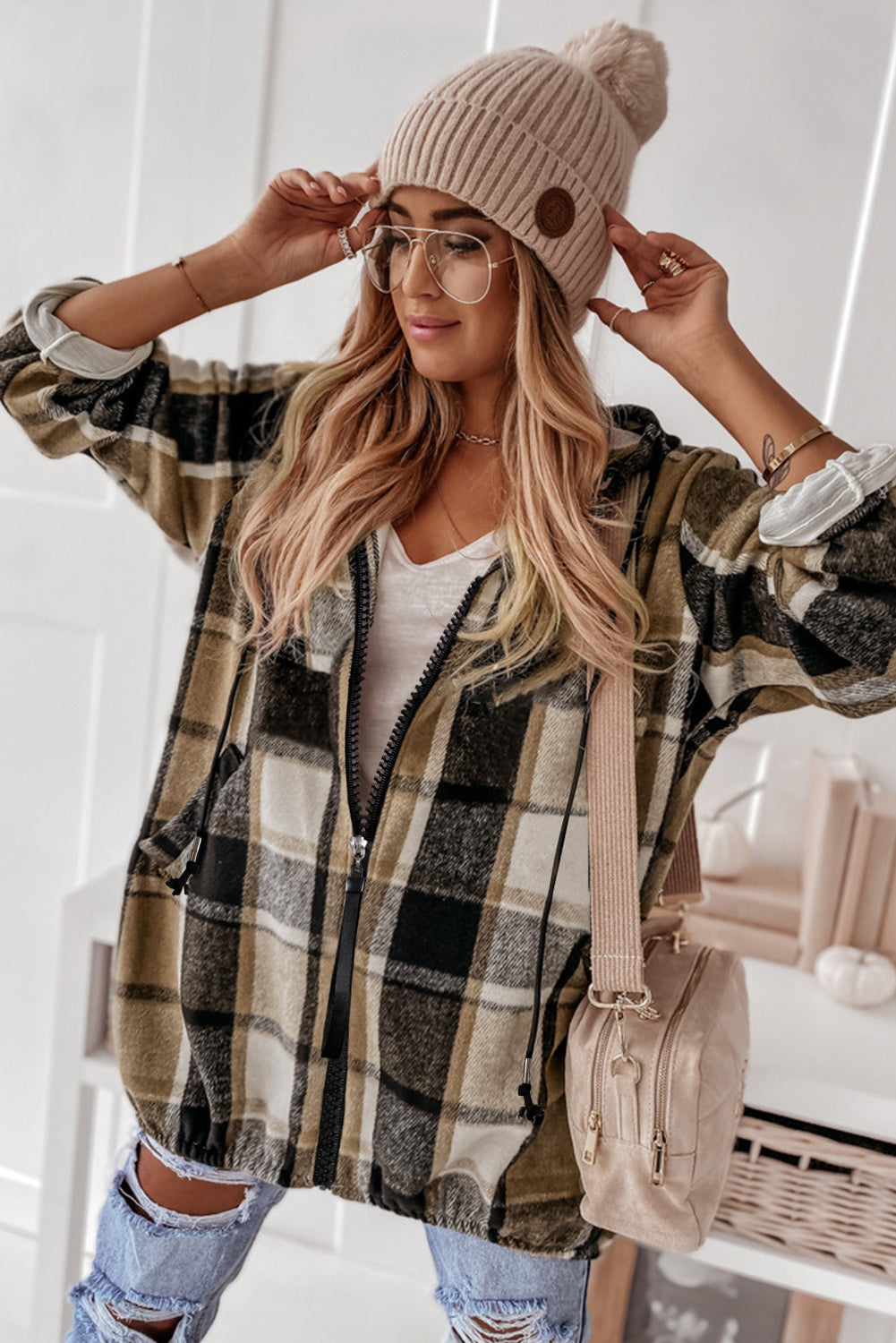 Brown Checkered Drawstring Hooded Zip Up Shacket - Bellisima Clothing Collective