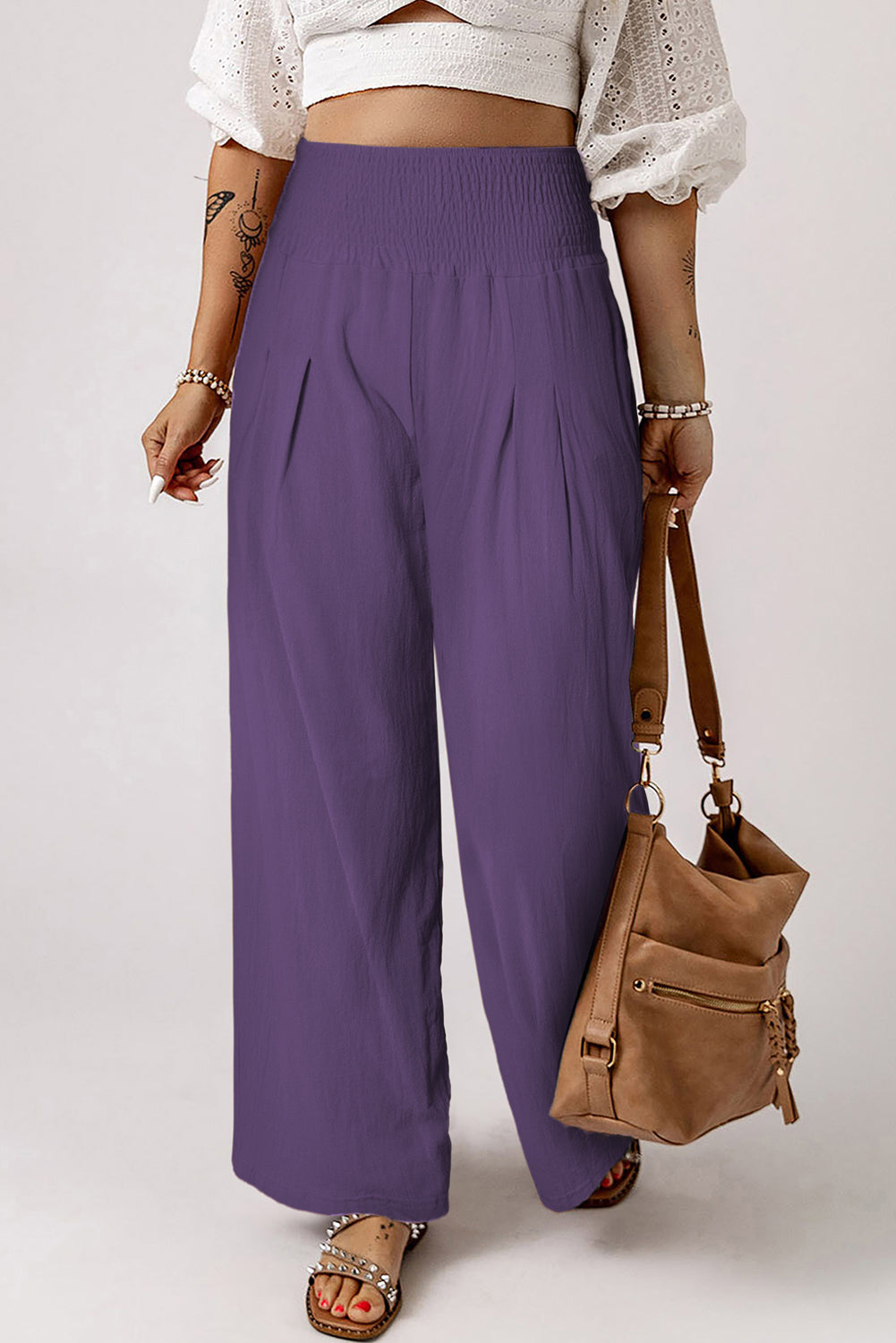 Khaki Smocked Wide Waistband High Waist Wide Leg Pants - Bellisima Clothing Collective