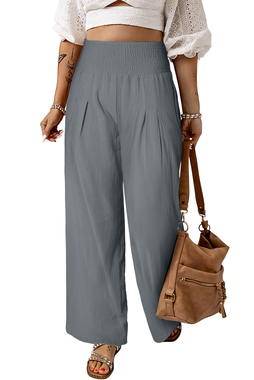 Khaki Smocked Wide Waistband High Waist Wide Leg Pants - Bellisima Clothing Collective