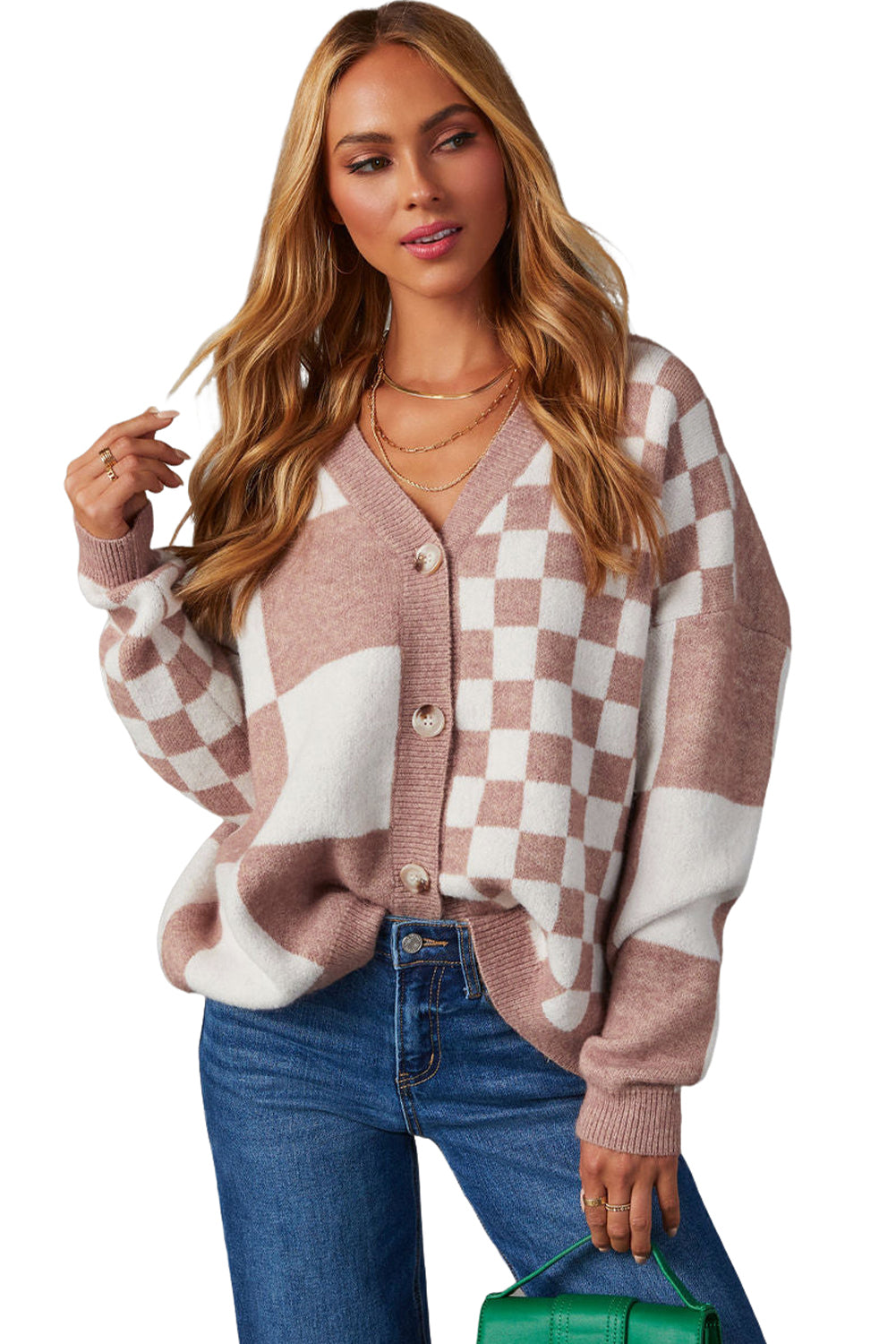 Chestnut Mix Checkered Button V Neck Knitted Cardigan - Bellisima Clothing Collective