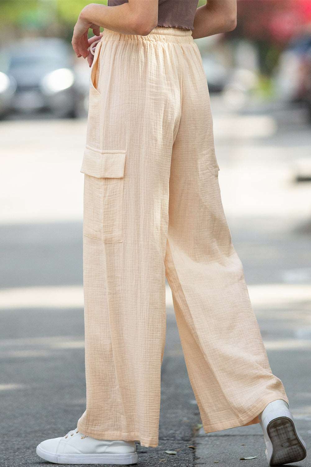 Apricot Loose Drawstring High Waist Crinkled Cargo Pants - Bellisima Clothing Collective