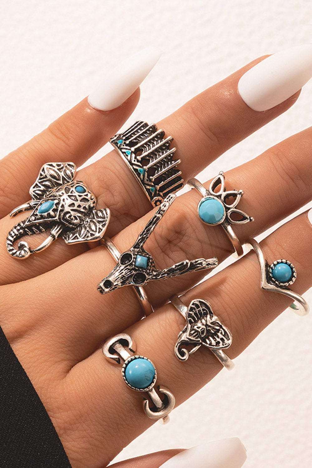 Silver 7Pcs Animal Deer Head Elephant Ring Set - Bellisima Clothing Collective