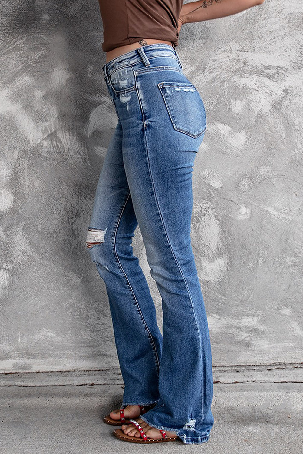 Dark Blue Ripped Raw Hem High Waist Flare Jeans - Bellisima Clothing Collective