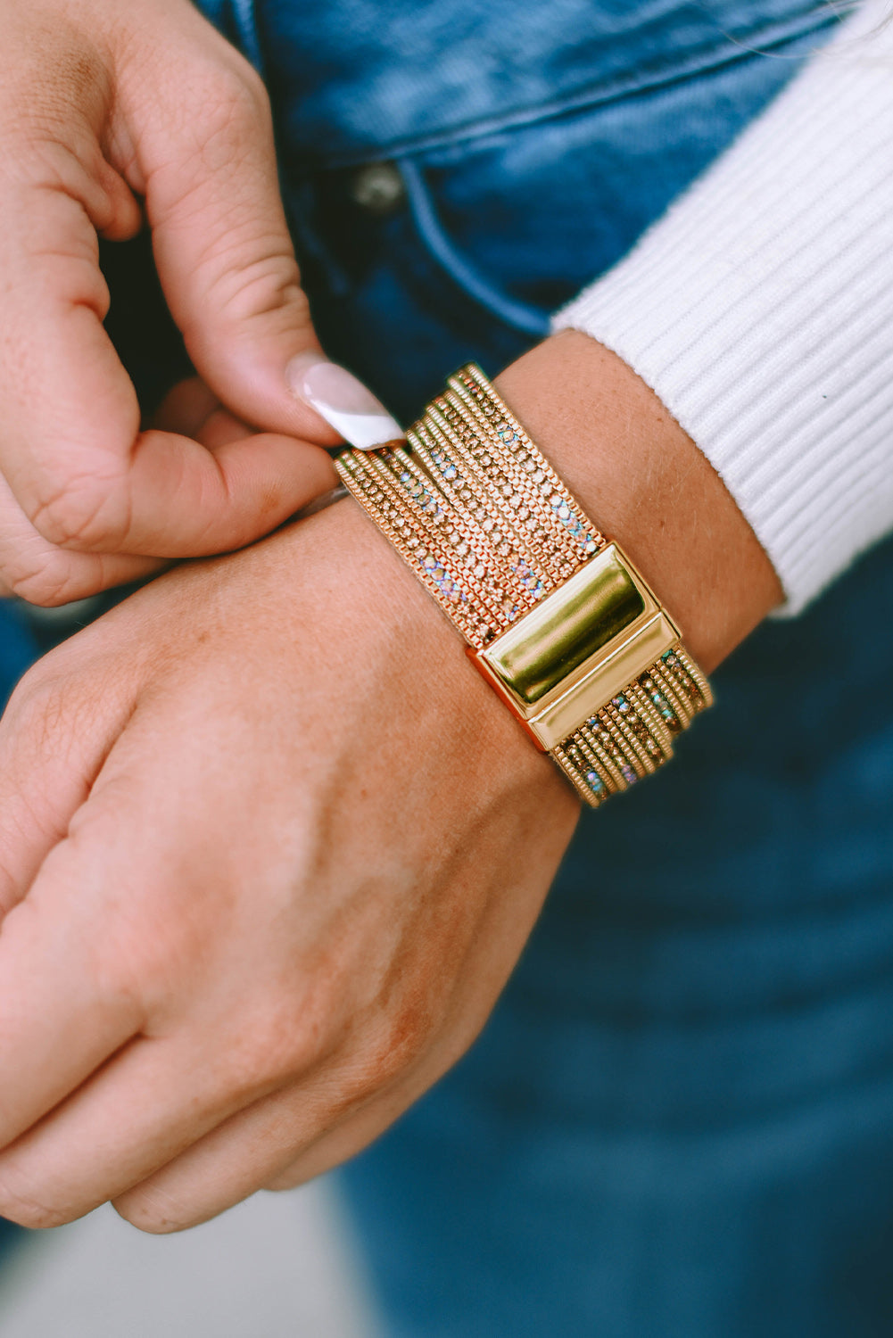 Gold Full Diamond Leather Wide Magnetic Buckle Bracelet - Bellisima Clothing Collective