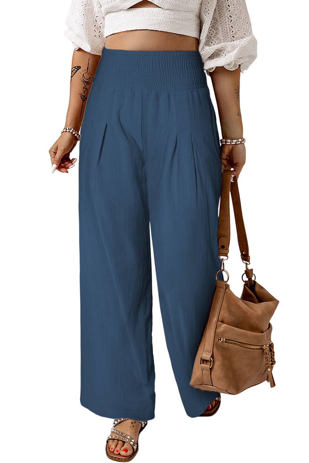 Khaki Smocked Wide Waistband High Waist Wide Leg Pants - Bellisima Clothing Collective