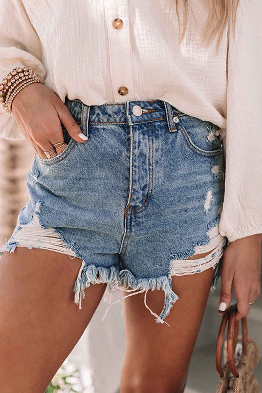 Distressed High Waisted Denim Shorts - Bellisima Clothing Collective