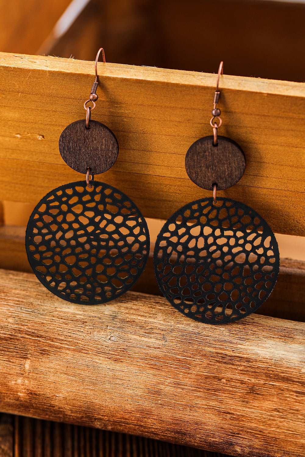 Black Hollow Out Bohemian Wooden Pendant Drop Earrings - Bellisima Clothing Collective