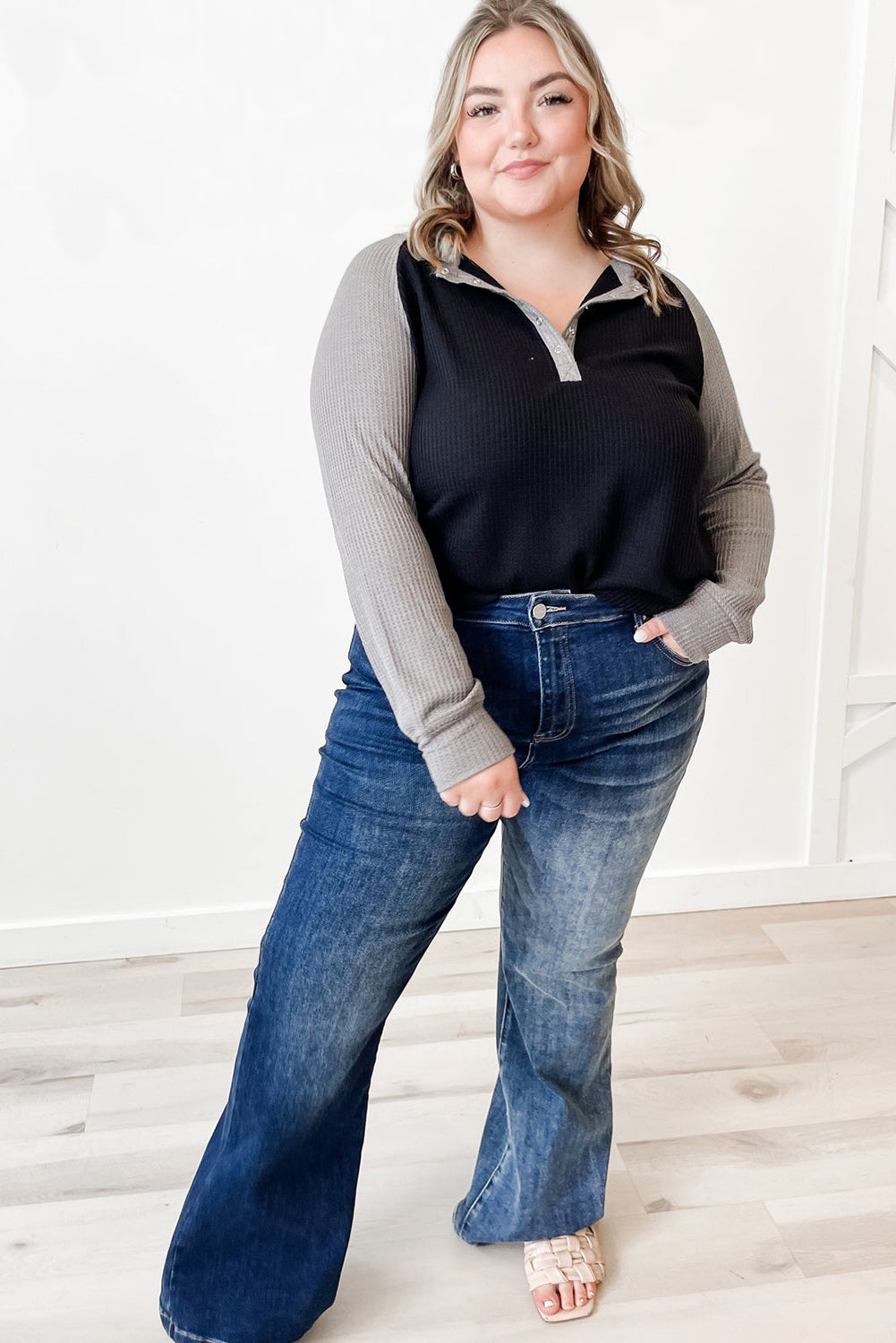 Black Plus Size Contrast Waffle Knit Henley Long Sleeve Top - Bellisima Clothing Collective