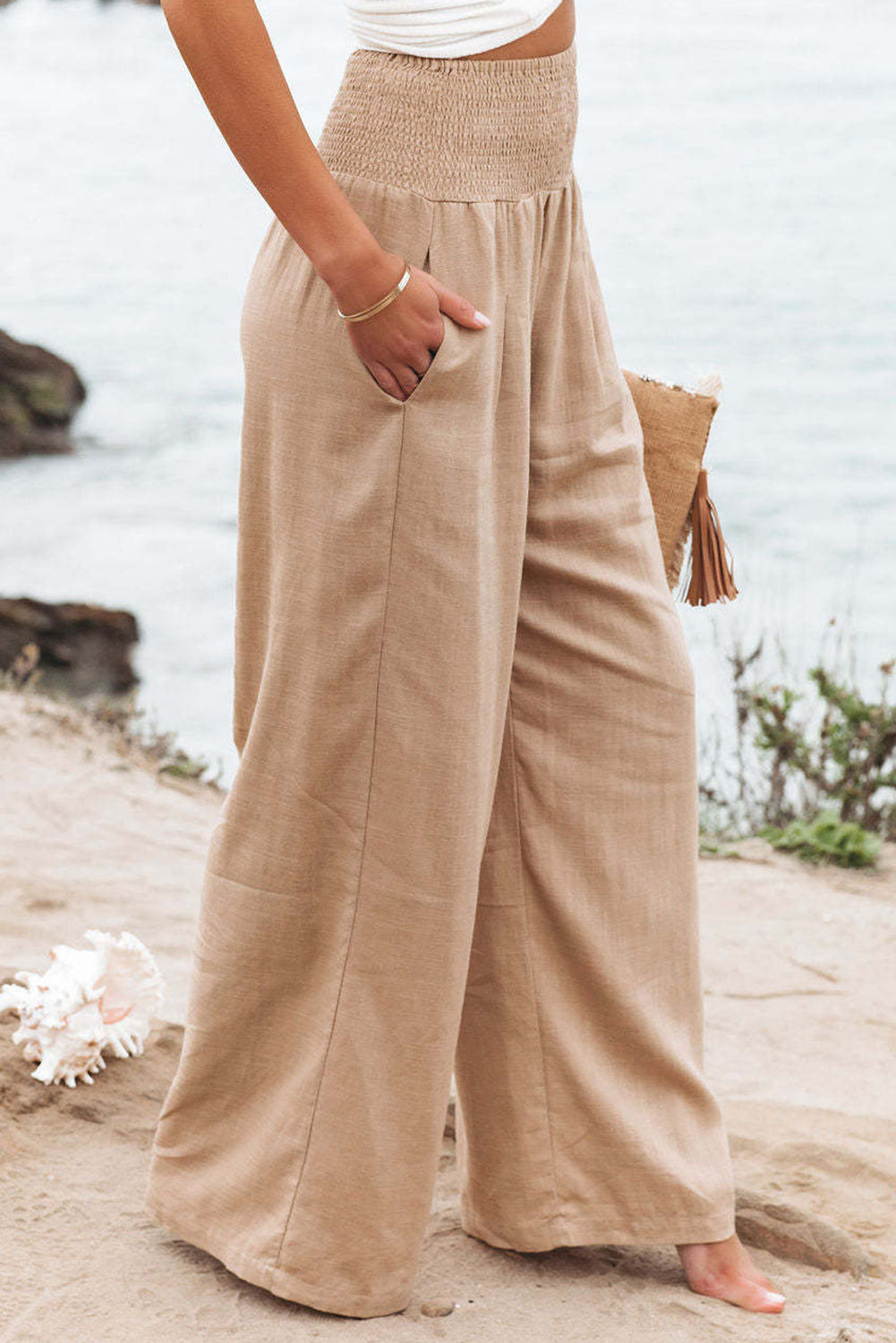 Khaki Smocked Wide Waistband High Waist Wide Leg Pants - Bellisima Clothing Collective