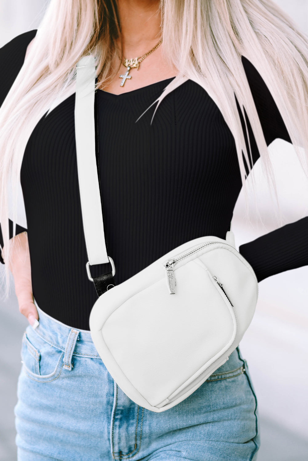 White Adjustable Strap Zipper PU Leather Sling Bag - Bellisima Clothing Collective