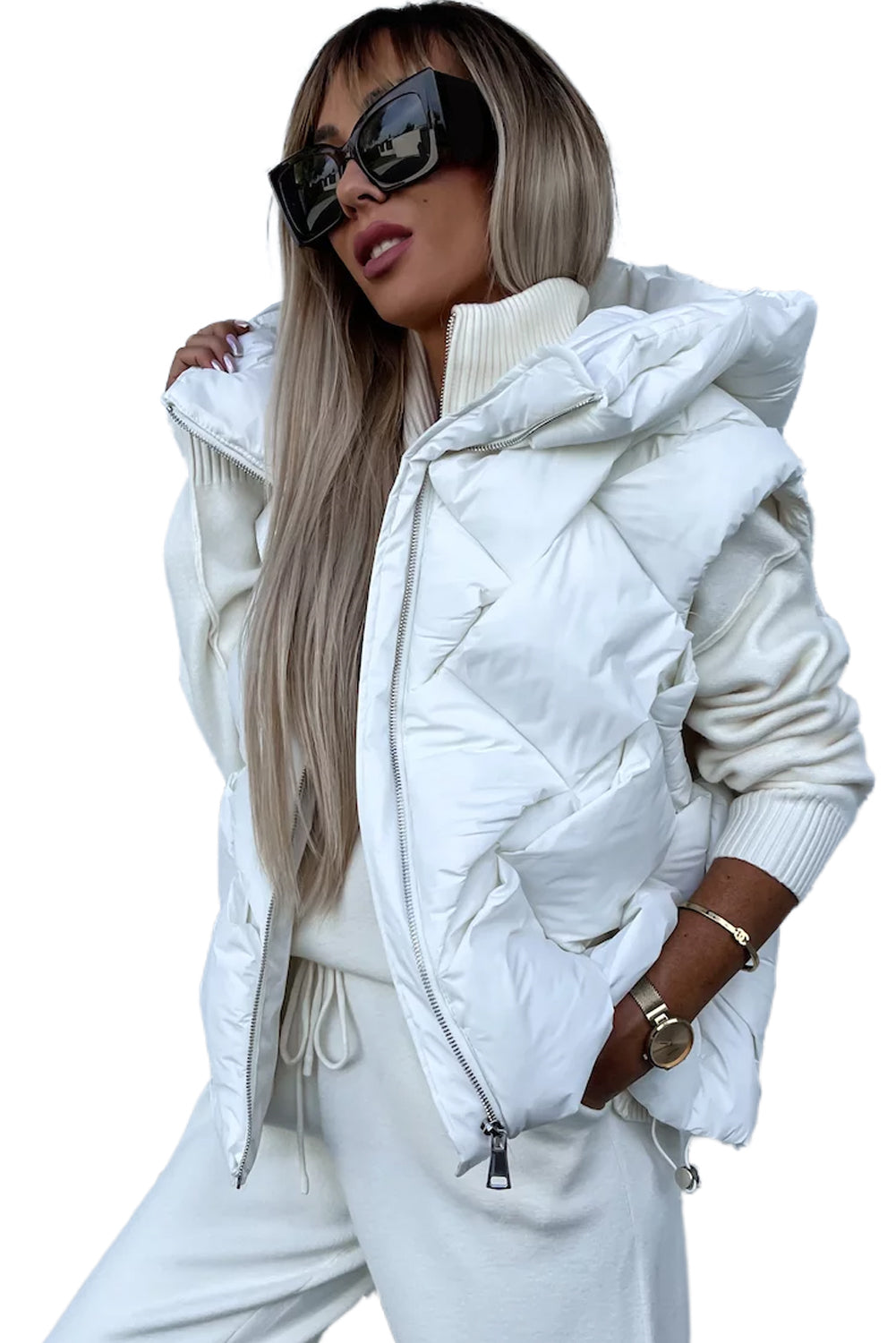 White Quilted Zipper Front Thermal Hooded Vest Coat - Bellisima Clothing Collective