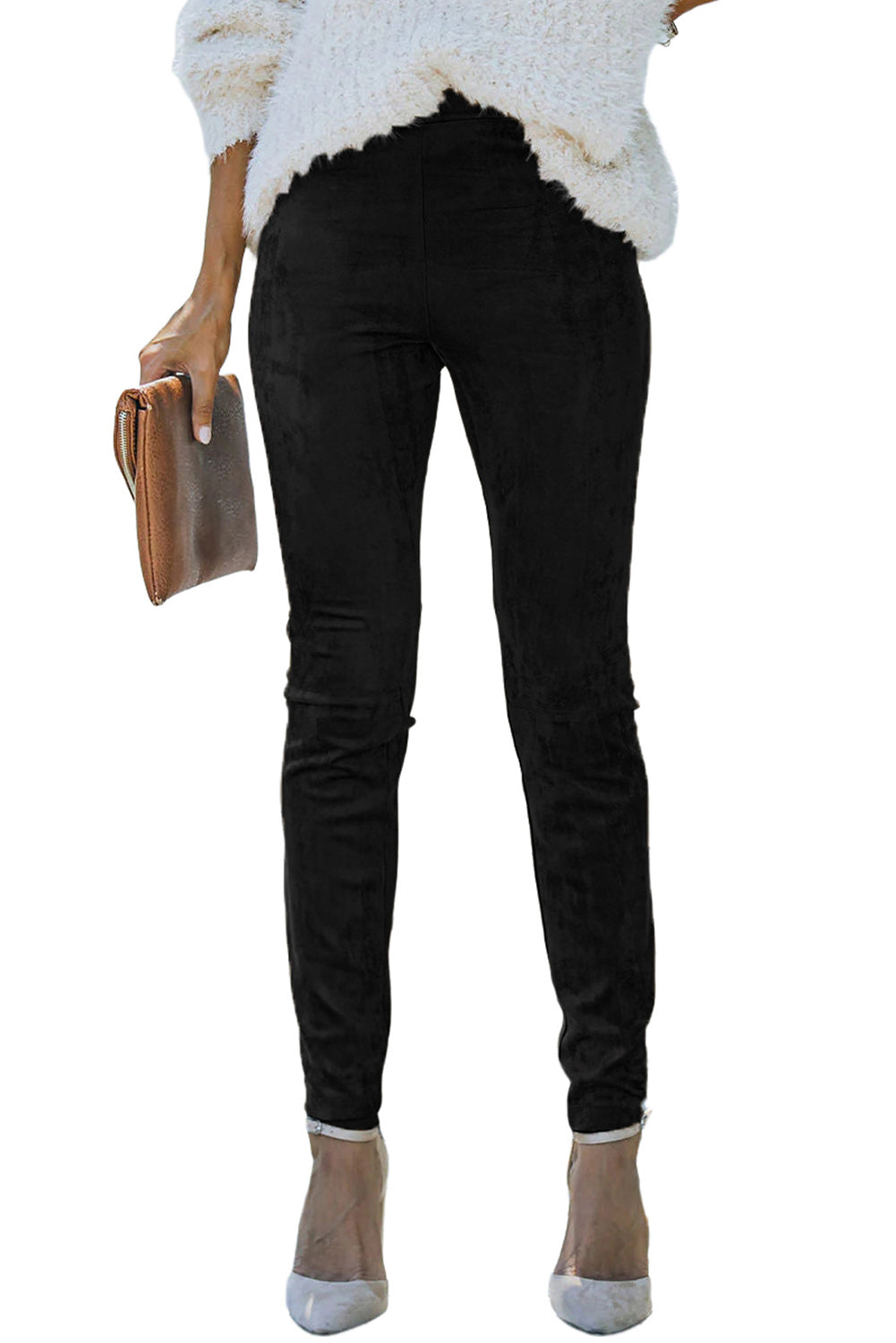 Black Mid Rise Faux Suede Skinny Leggings - Bellisima Clothing Collective