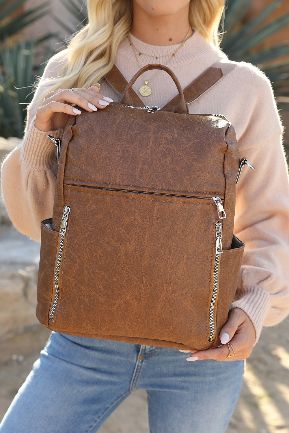 Chestnut Vintage Leather Large Zipper Backpack - Bellisima Clothing Collective