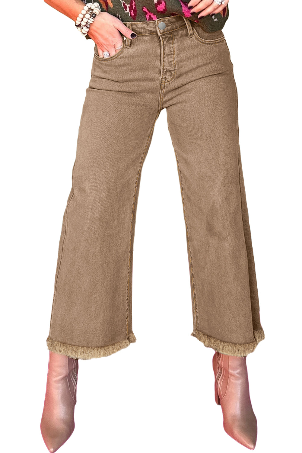 Light French Beige Acid Washed High Rise Cropped Jeans - Bellisima Clothing Collective