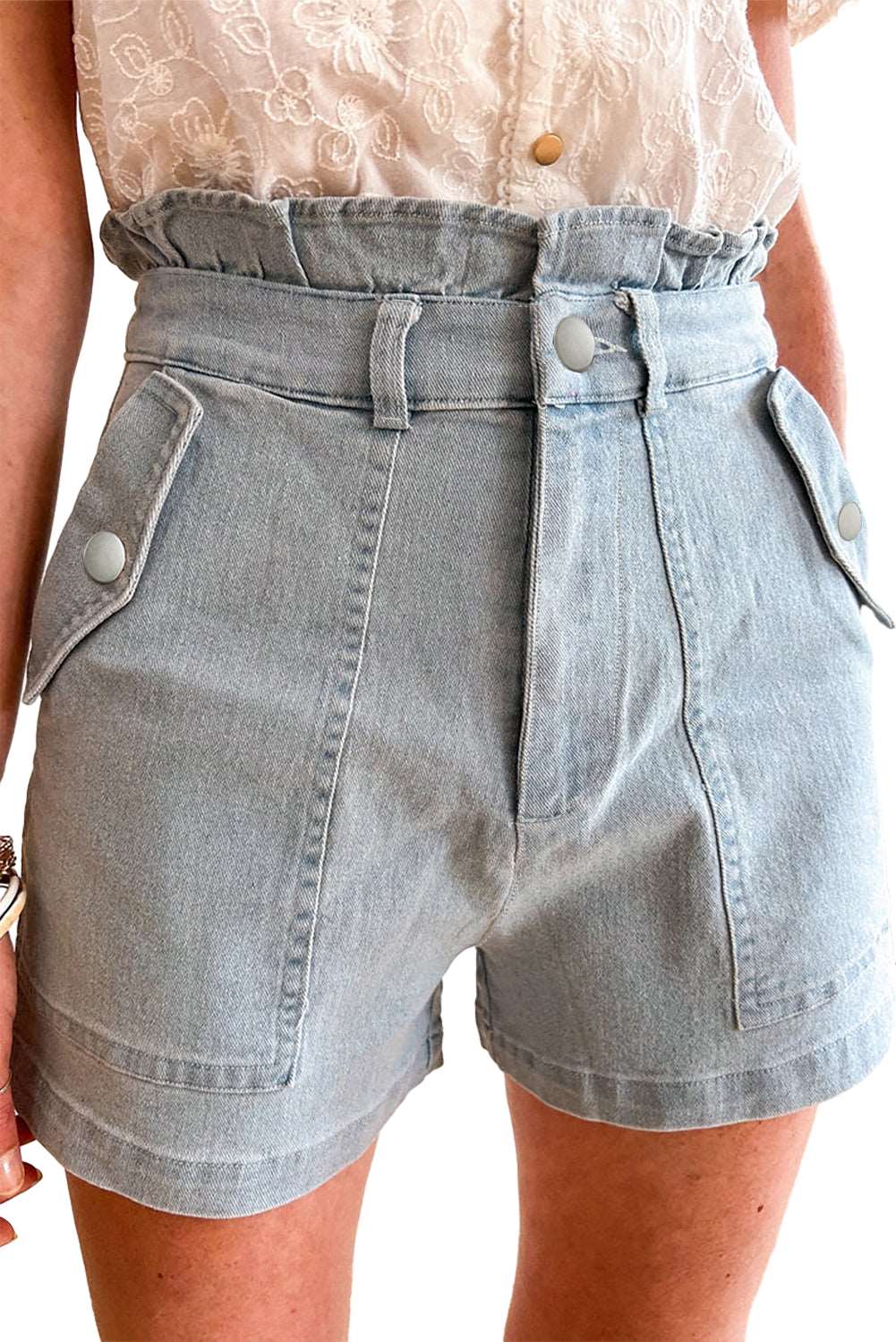 Beau Blue Ruffled High Waist Flap Pockets Denim Shorts