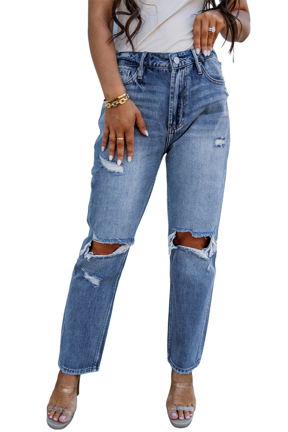 Sky Blue Open Knee Cutout Straight Leg Jeans - Bellisima Clothing Collective