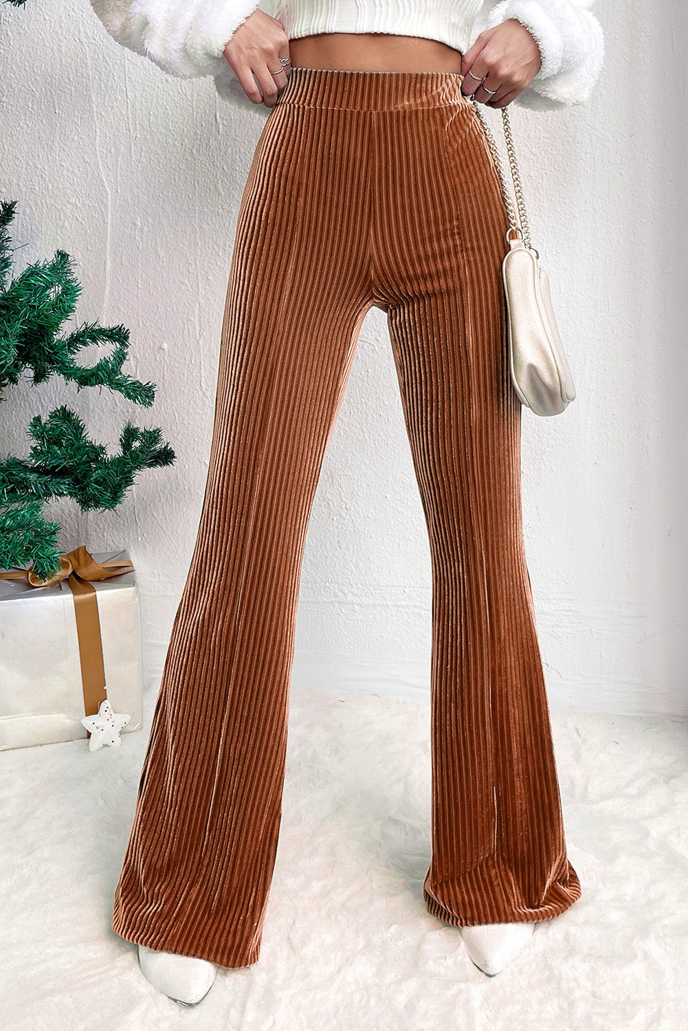 Chestnut Solid Color High Waist Corduroy Flare Pants - Bellisima Clothing Collective