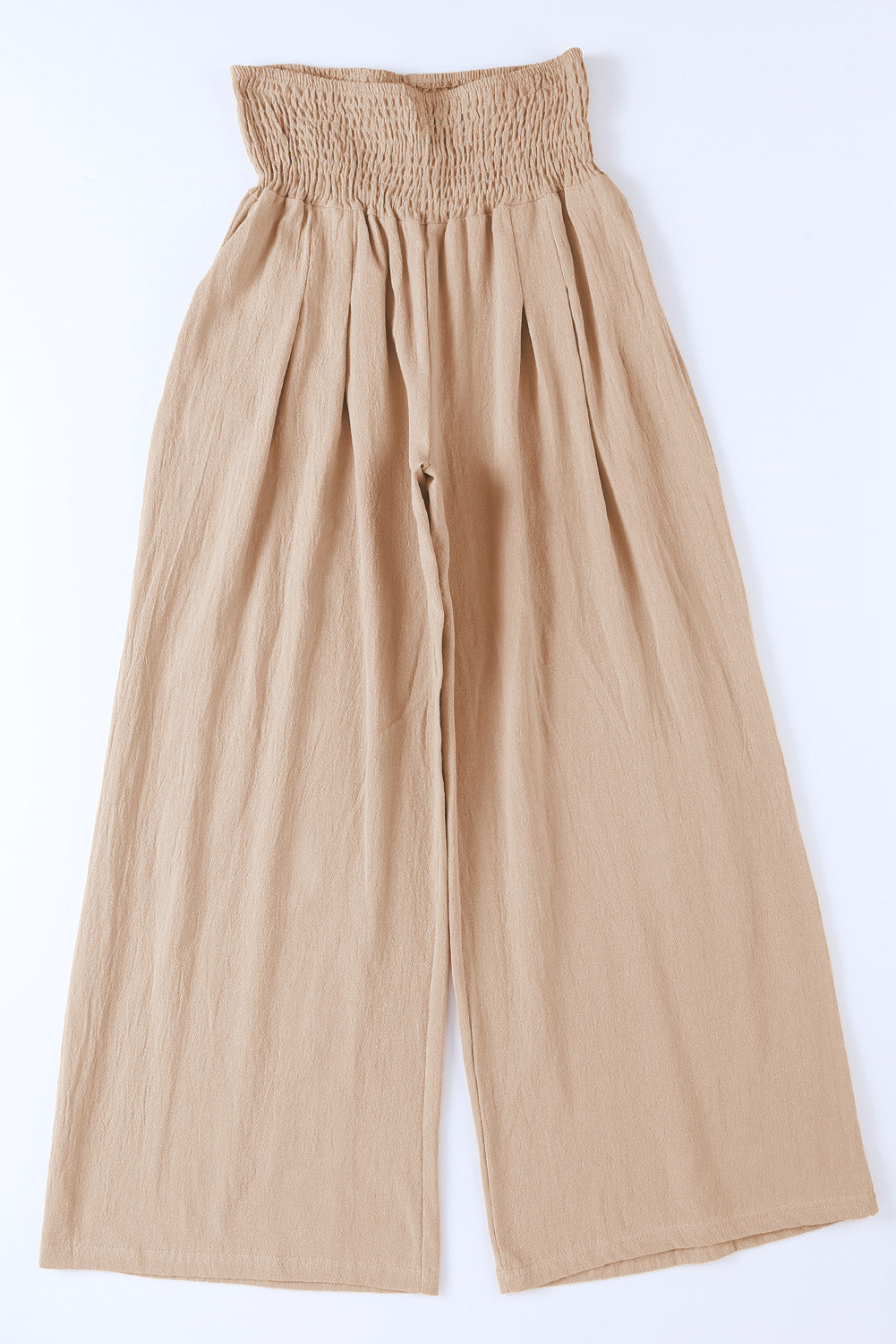 Khaki Smocked Wide Waistband High Waist Wide Leg Pants - Bellisima Clothing Collective