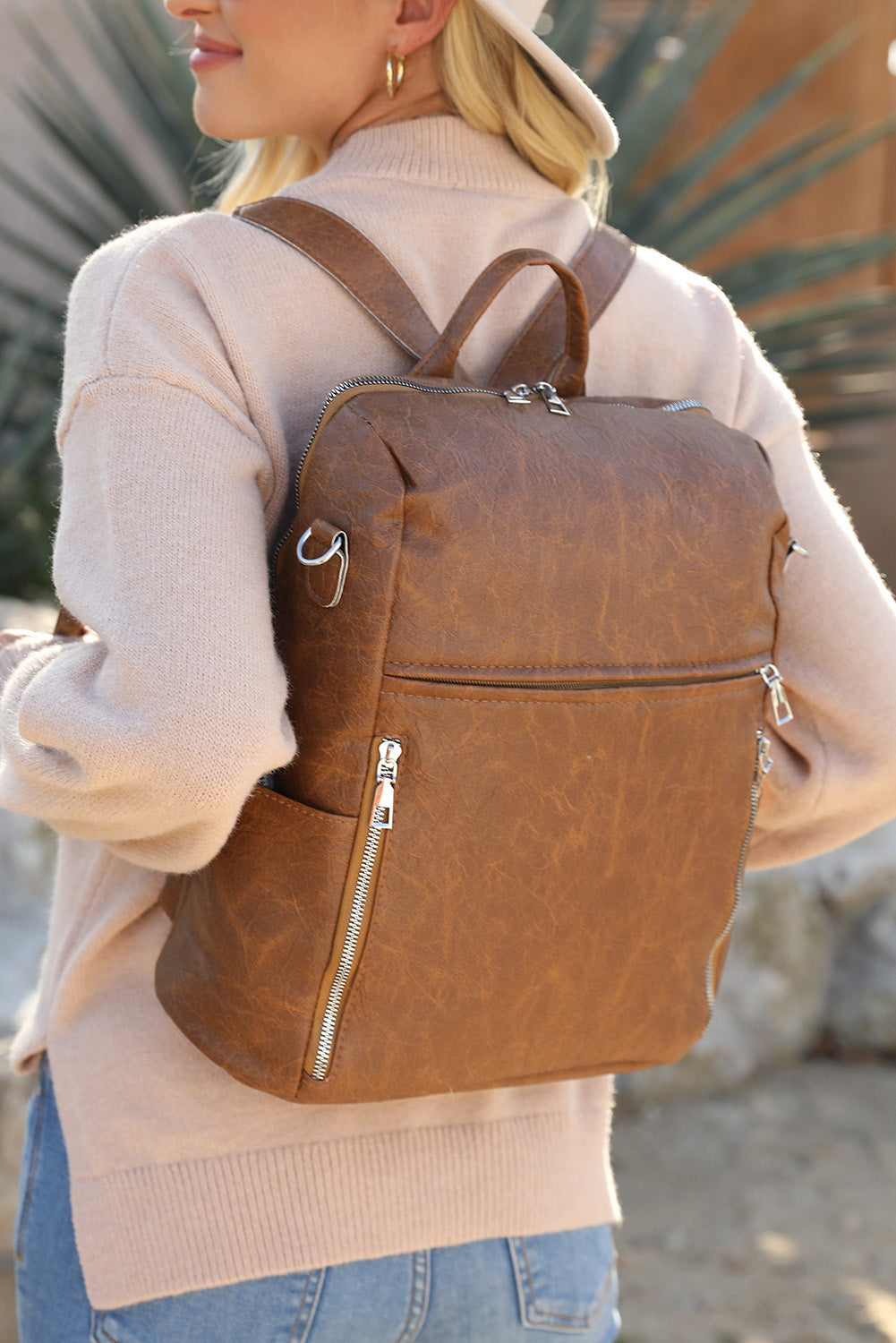 Chestnut Vintage Leather Large Zipper Backpack - Bellisima Clothing Collective