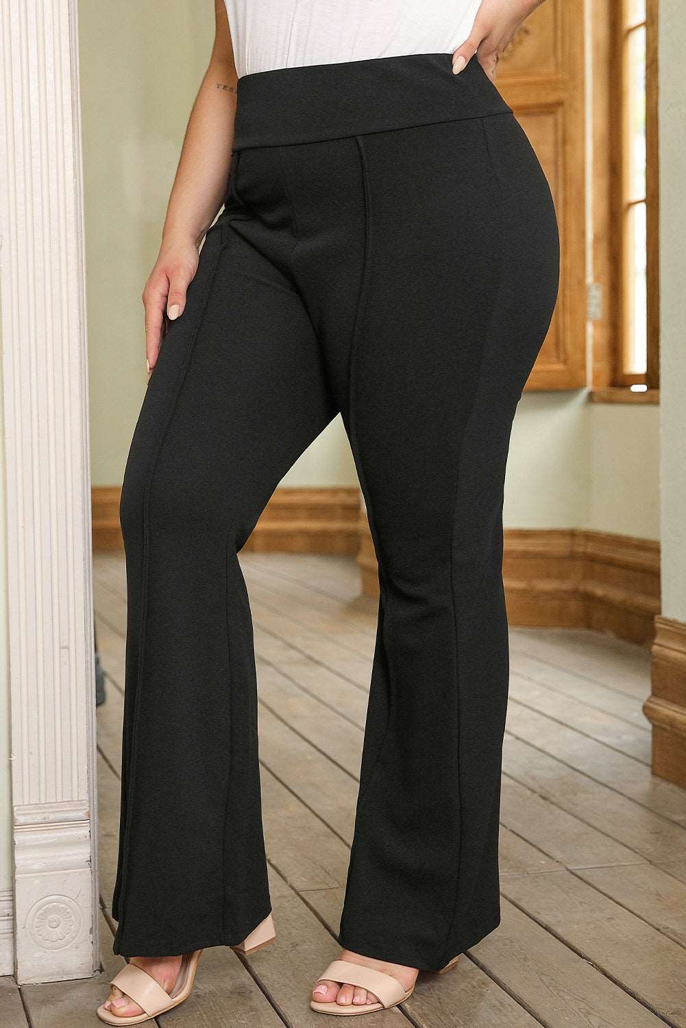 Black Exposed Seam Straight Leg Plus Size Pants - Bellisima Clothing Collective