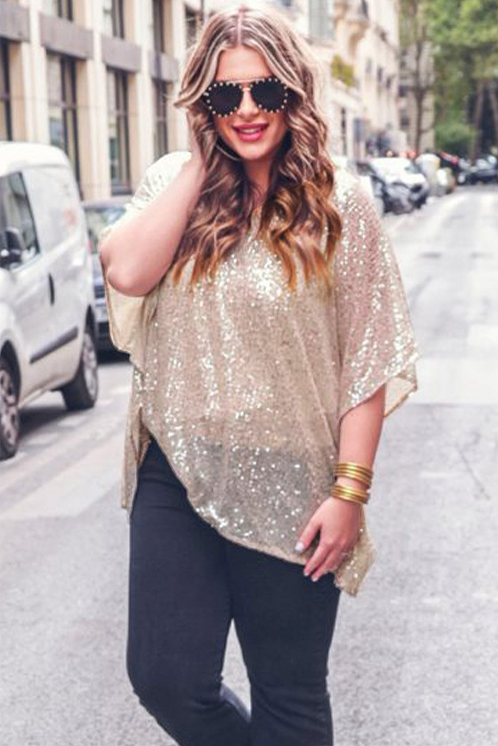 Apricot Plus Size Sequined V Neck Loose Top - Bellisima Clothing Collective