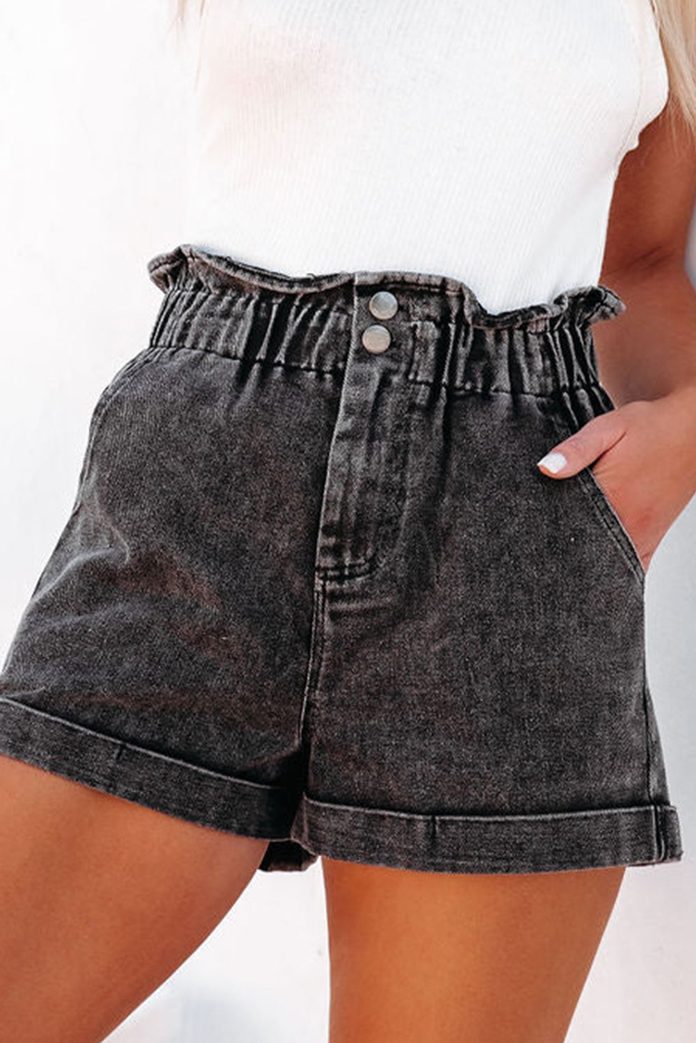 Black Vintage Washed Frilled High Waist Denim Shorts - Bellisima Clothing Collective